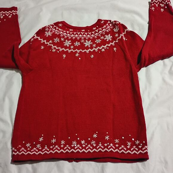 Christmas Cardigan Sweater Small Red Pearls Jewels Snowflakes Raglan-Sleeve - Picture 8 of 12